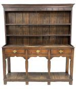 18th century and later oak dresser, two height plate rack fitted with wrought iron hooks, three draw