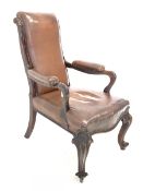Early to mid 19th century rosewood library open armchair, traditionally upholstered in studded brown