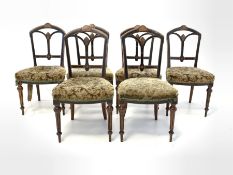 Set six late Victorian walnut and ebonised dining chairs, shaped cresting rail with burr walnut and