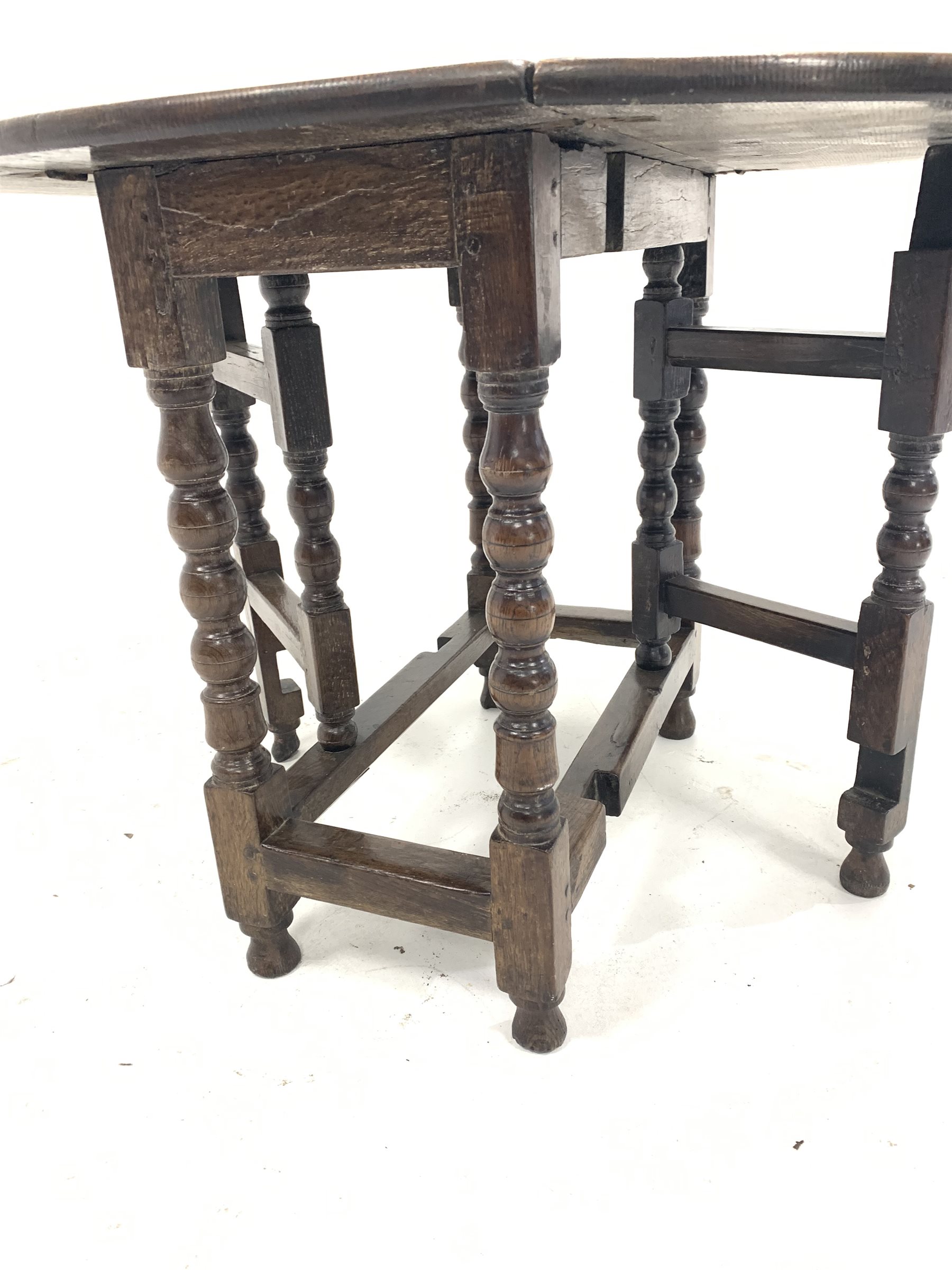 18th century oak gateleg table, the oval top with two drop leaves, over bobbin and block turned supp - Image 4 of 4