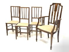 Matched set four (3+1) Edwardian inlaid mahogany chairs, with upholstered seats, raised on square ta
