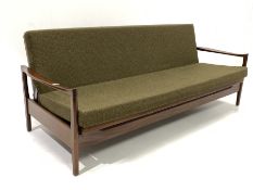 Vintage mid 20th century rosewood sofa bed by Cintique, back and seat cushion upholstered in green f
