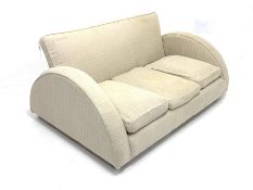 Art Deco style three seat sofa, with unusual convex back rest, three loose cushions, upholstered in