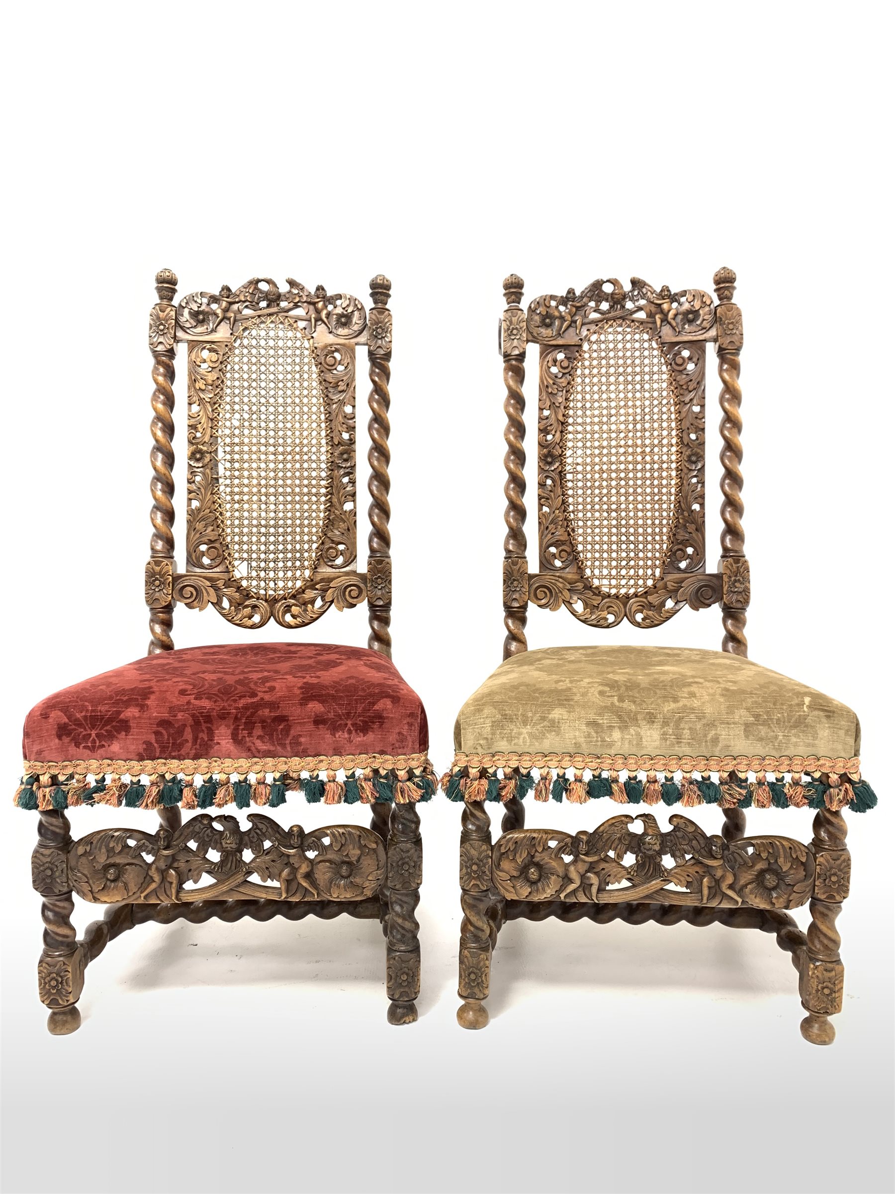 Pair of 19th century Carolean style walnut chairs, spiral turned uprights enclosing oval cane panels