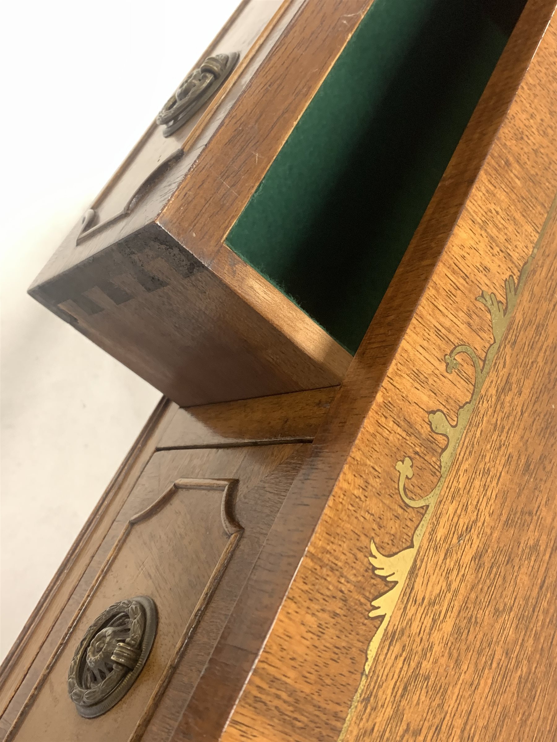 Georgian style mahogany break bow front console table, fitted with two drawers, raised on square tap - Image 3 of 3