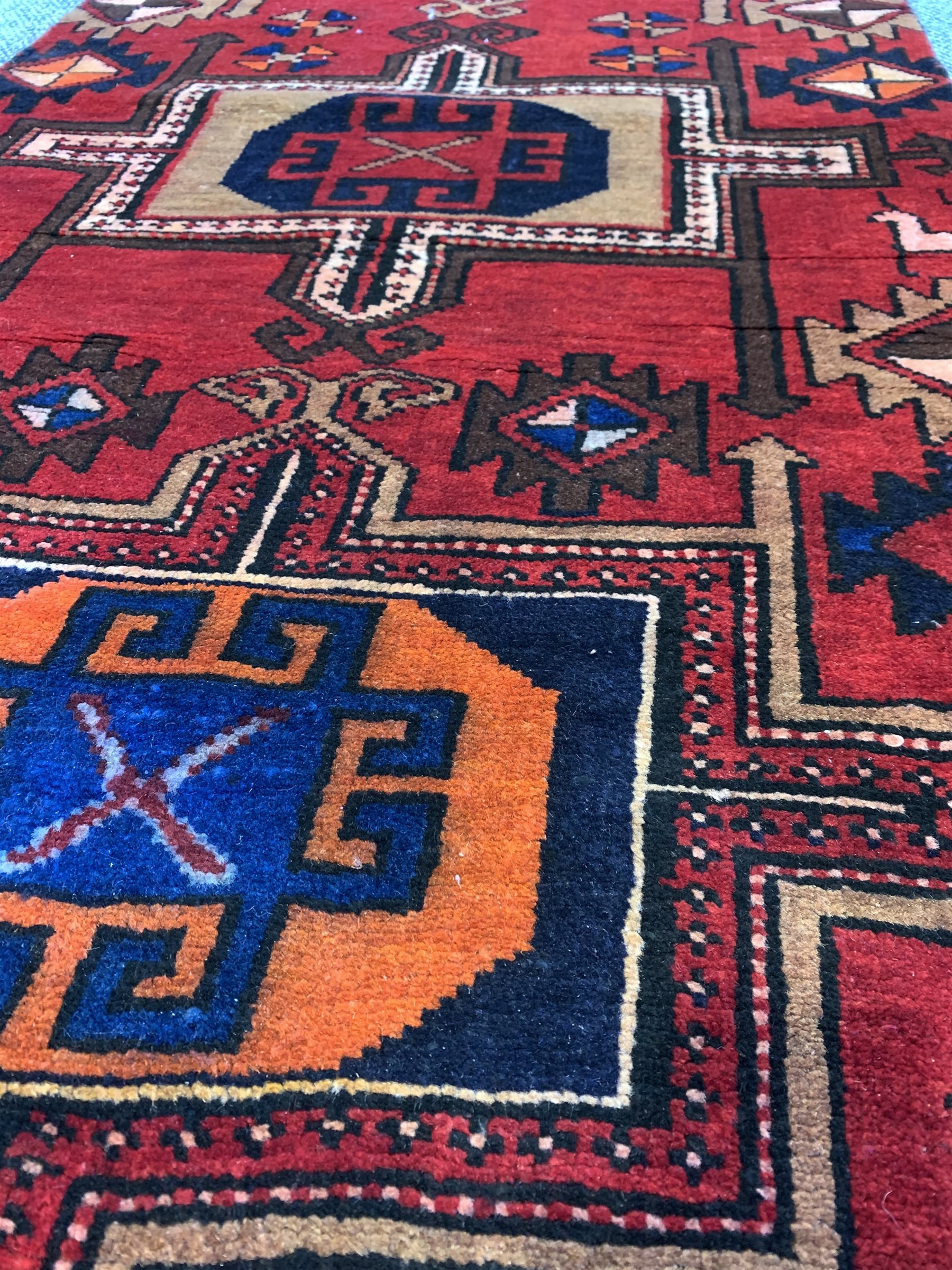 Persian Heriz red and blue ground runner, cross door design 300cm x 78cm - Image 2 of 3