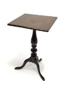 19th century mahogany tripod table with square top, turned supports with three out splay supports, 4