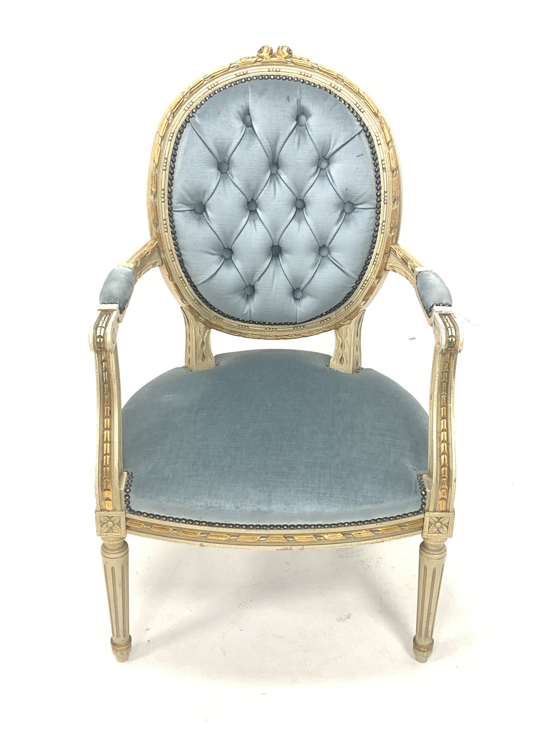 Louis XV style cream and gilt painted open armchair, the buttoned back rest over scrolled arm termin - Image 2 of 3