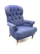 Liberty of London - Victorian style armchair, upholstered in deep buttoned blue damask fabric, raise