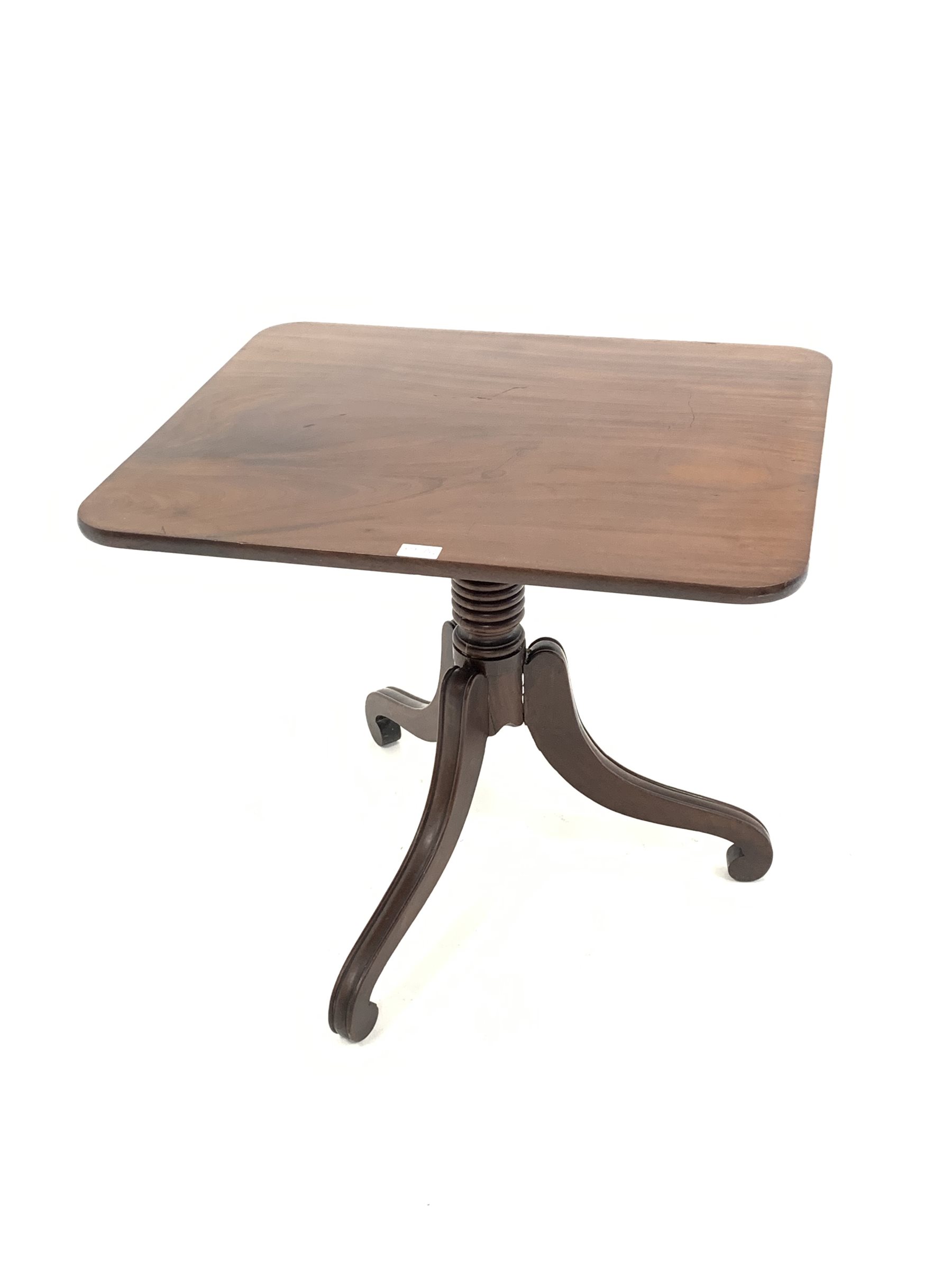 Regency mahogany tripod table, rectangular tilt top with rounded corners, raised on ring turned colu