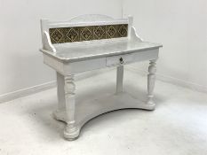 Victorian painted pine washstand, raised back with decorative tiles over marble top with canted corn