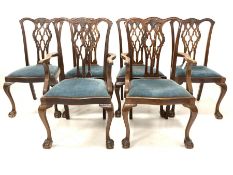 Set six (4+2) early 20th century mahogany Chippendale style dining chairs, shaped cresting rail over