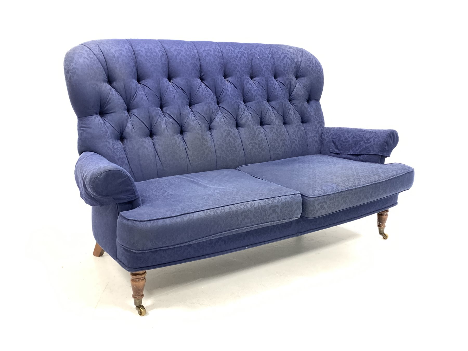 Liberty of London - Victorian style two seat sofa, upholstered in deep buttoned blue floral damask f