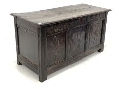 Late 17th century oak coffer, rectangular moulded top lifting to reveal interior fitted with candle