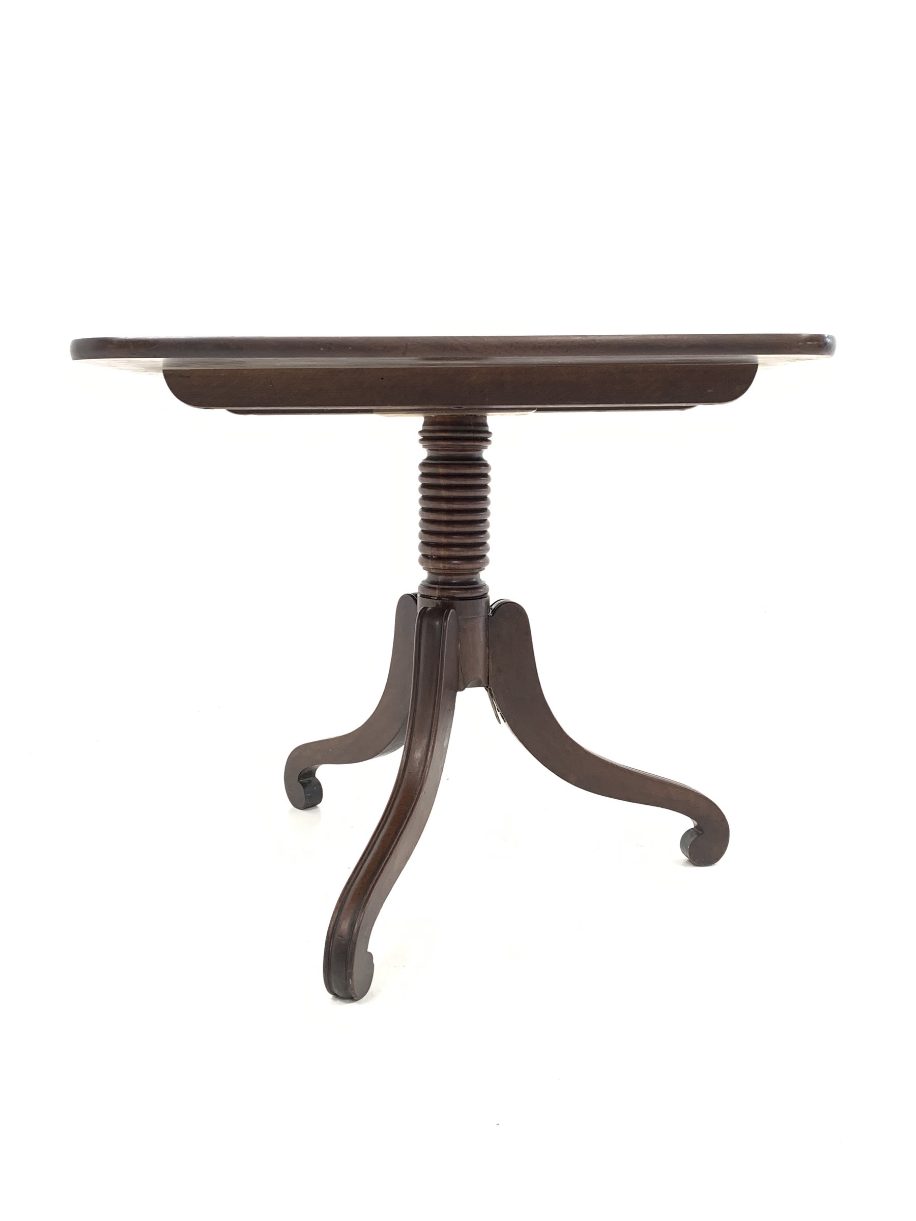 Regency mahogany tripod table, rectangular tilt top with rounded corners, raised on ring turned colu - Image 2 of 5