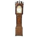 Early to mid 19th century longcase clock, the oak case with three brass ball finials over swan neck