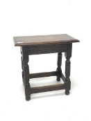 18th century joined oak stool, rectangular moulded top over carved frieze, turned and block supports