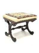 19th century rosewood upholstered footstool, scrolled 'X' frame base with stretcher, together with a