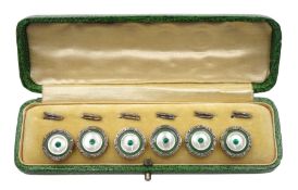 Set of six silver and gilt green paste and enamel and mother of pearl shirt studs