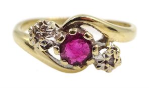 9ct gold three stone ruby and diamond ring