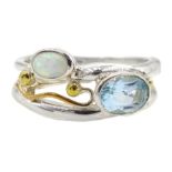 Silver and 14ct gold wire blue topaz and opal ring