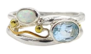 Silver and 14ct gold wire blue topaz and opal ring