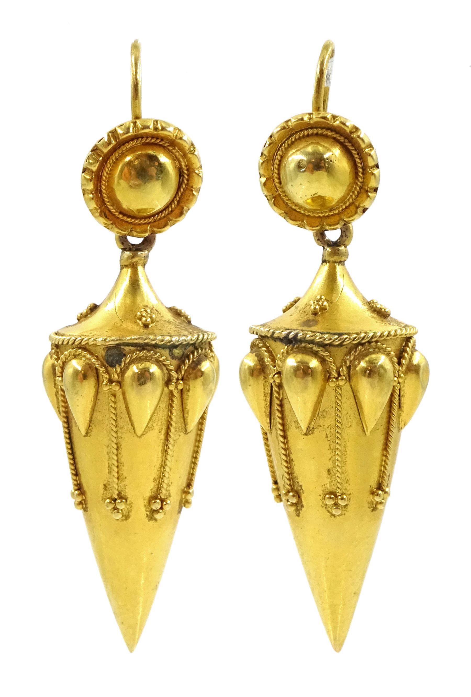 Pair of Victorian 15ct gold Etruscan revival pendant earrings