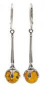 Pair of silver amber pendant earrings