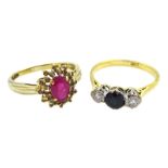 Gold three stone sapphire and diamond ring