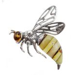 Silver amber bee brooch