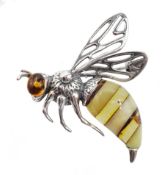 Silver amber bee brooch