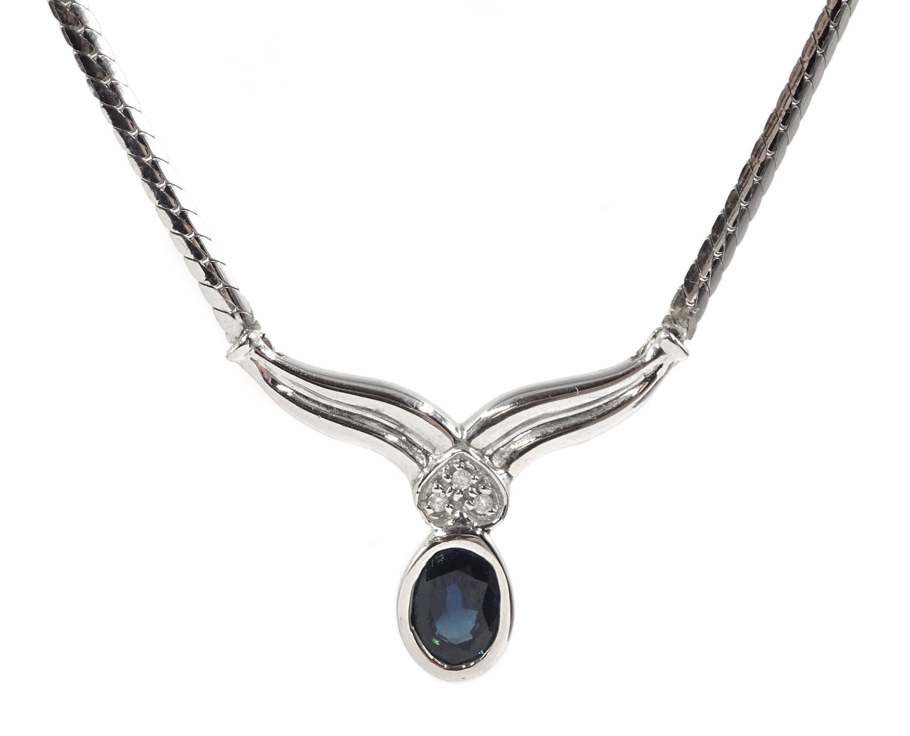 9ct white gold oval sapphire and diamond necklace