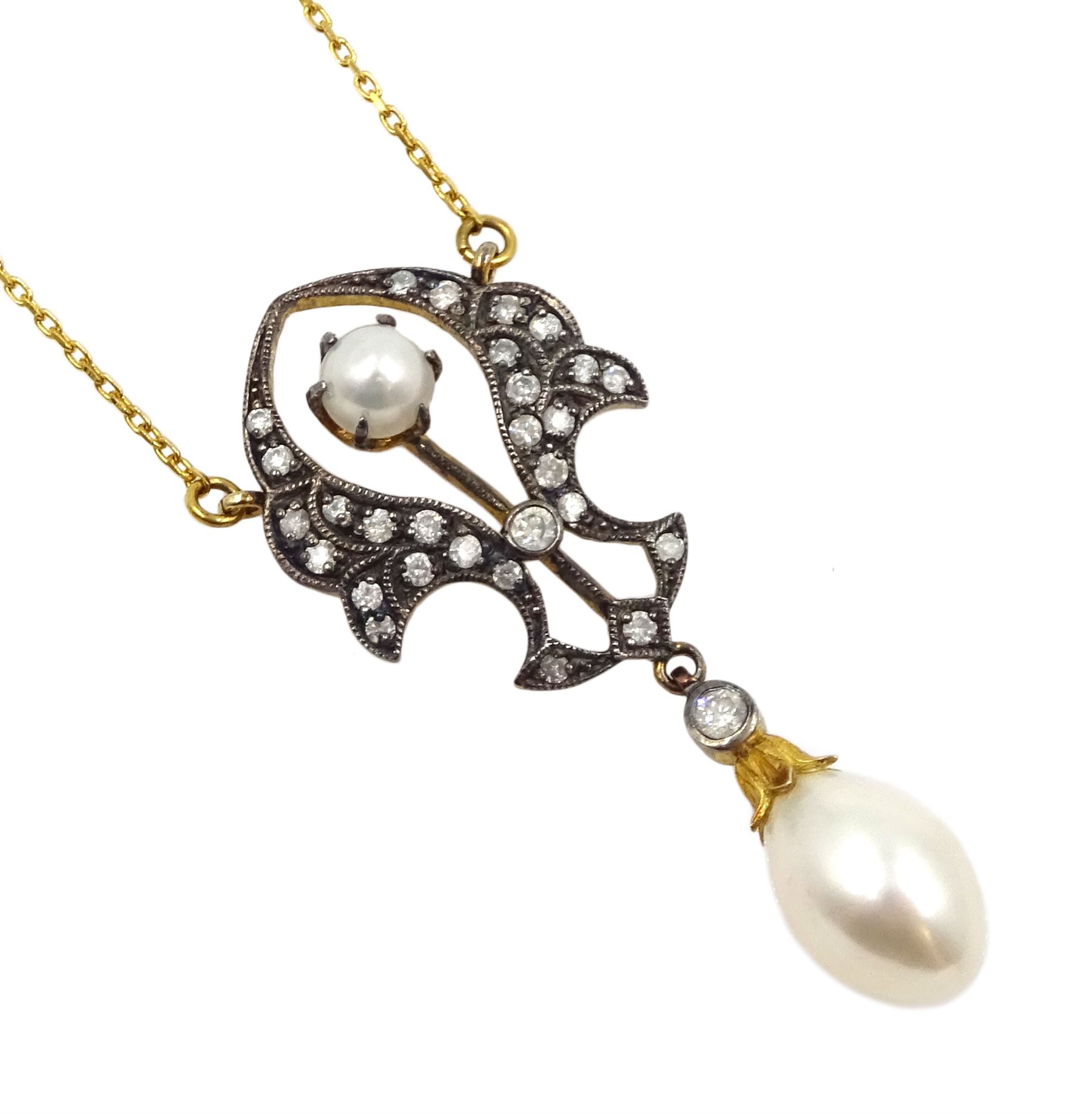Gold and silver pearl and diamond pendant necklace - Image 2 of 4