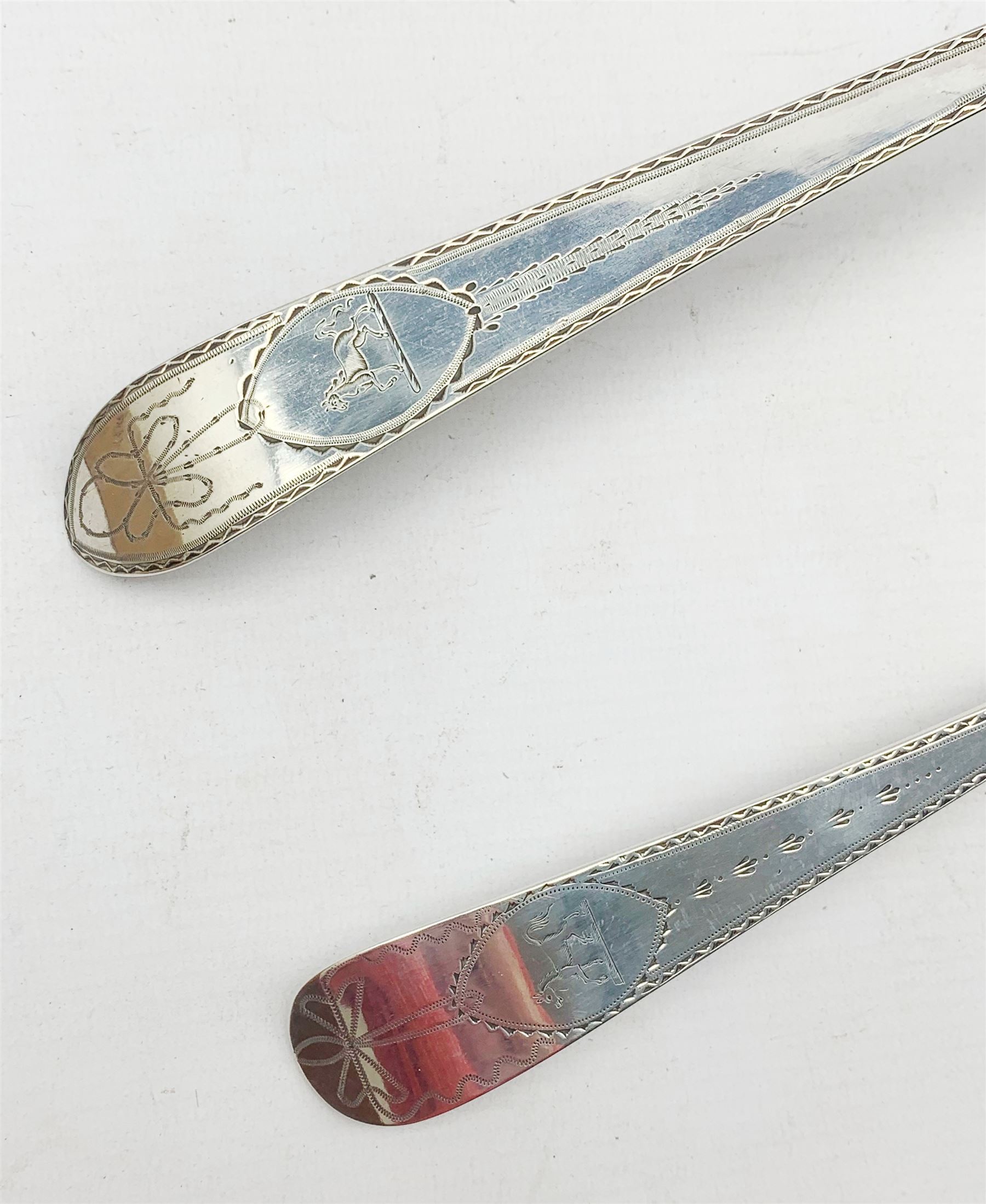 George III Irish silver ladle with bright cut stem and scalloped bowl by James Keating - Image 8 of 9