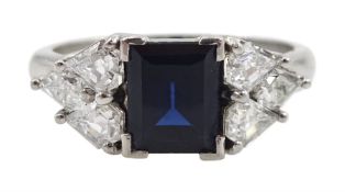 Platinum baguette cut sapphire and six stone kite cut diamond ring