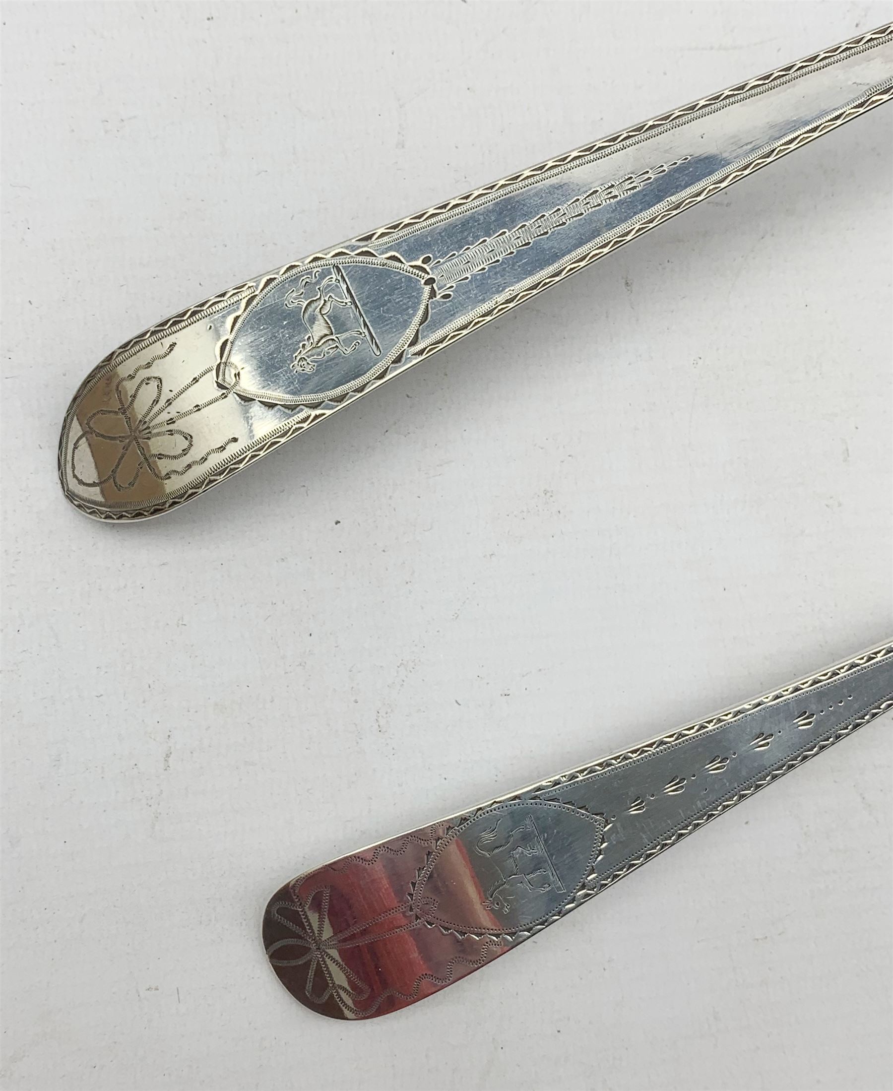 George III Irish silver ladle with bright cut stem and scalloped bowl by James Keating - Image 2 of 9