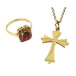 Gold garnet cluster ring and a gold cross pendant necklace