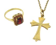 Gold garnet cluster ring and a gold cross pendant necklace