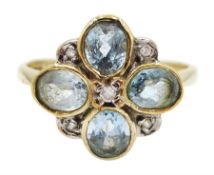9ct gold blue topaz and diamond flower cluster ring