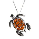 Silver amber turtle pendant necklace
