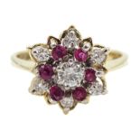 Gold ruby and diamond cluster ring