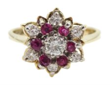 Gold ruby and diamond cluster ring