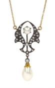 Gold and silver pearl and diamond pendant necklace