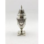 Late Victorian silver vase shape sugar caster decorated with swags on a reeded ground