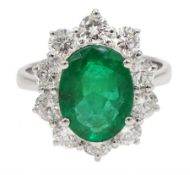 18ct white gold oval emerald and diamond cluster ring