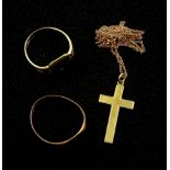Two gold signet rings and a gold cross pendant necklace