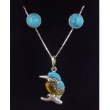 Silver amber and turquoise kingfisher pendant necklace and a pair of silver turquoise circular stud