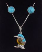 Silver amber and turquoise kingfisher pendant necklace and a pair of silver turquoise circular stud