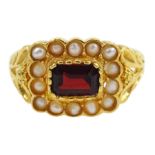 Silver-gilt garnet and seed pearl cluster ring