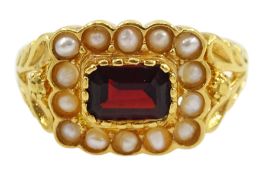 Silver-gilt garnet and seed pearl cluster ring